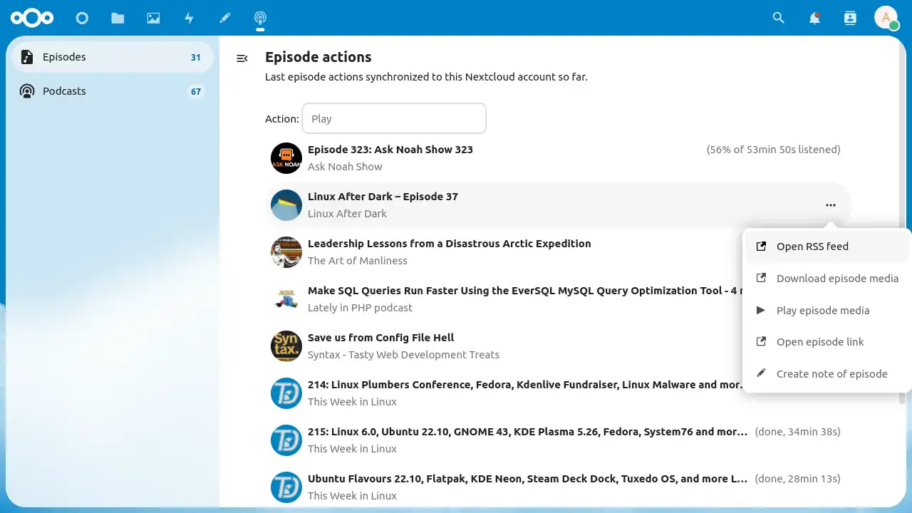 This Nextcloud app lets you visualize your podcast subscriptions and episode downloads from GPodderSync, which acts as a basic gpodder.net api to sync podcast consumer apps (podcatchers) like AntennaPod. /posts/nextpod/screenshot.webp