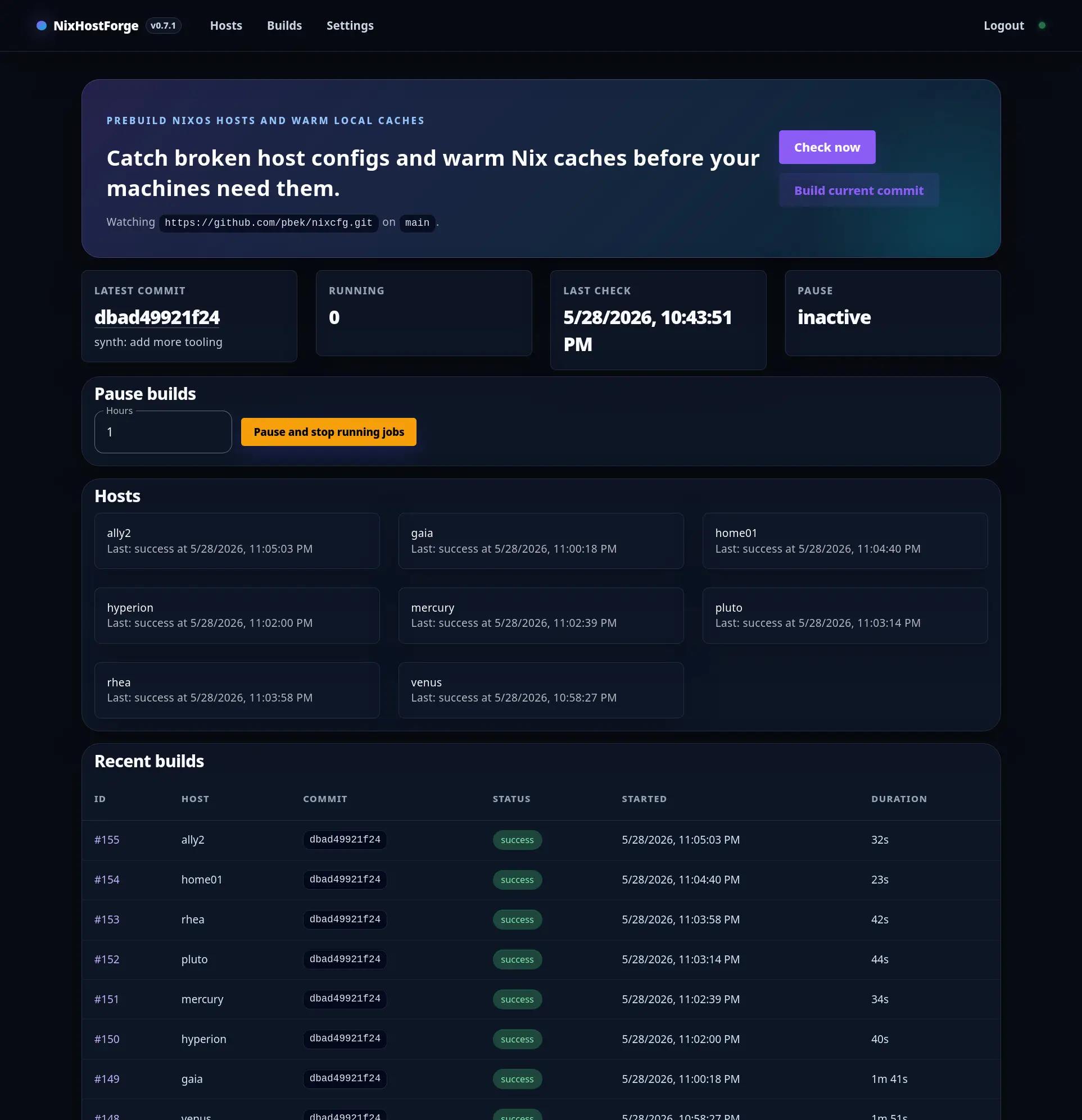 NixHostForge prebuilds and verifies NixOS host configurations from a flake, records build results, warms local Nix caches, and sends failure notifications. /posts/nixhostforge/screenshot.webp