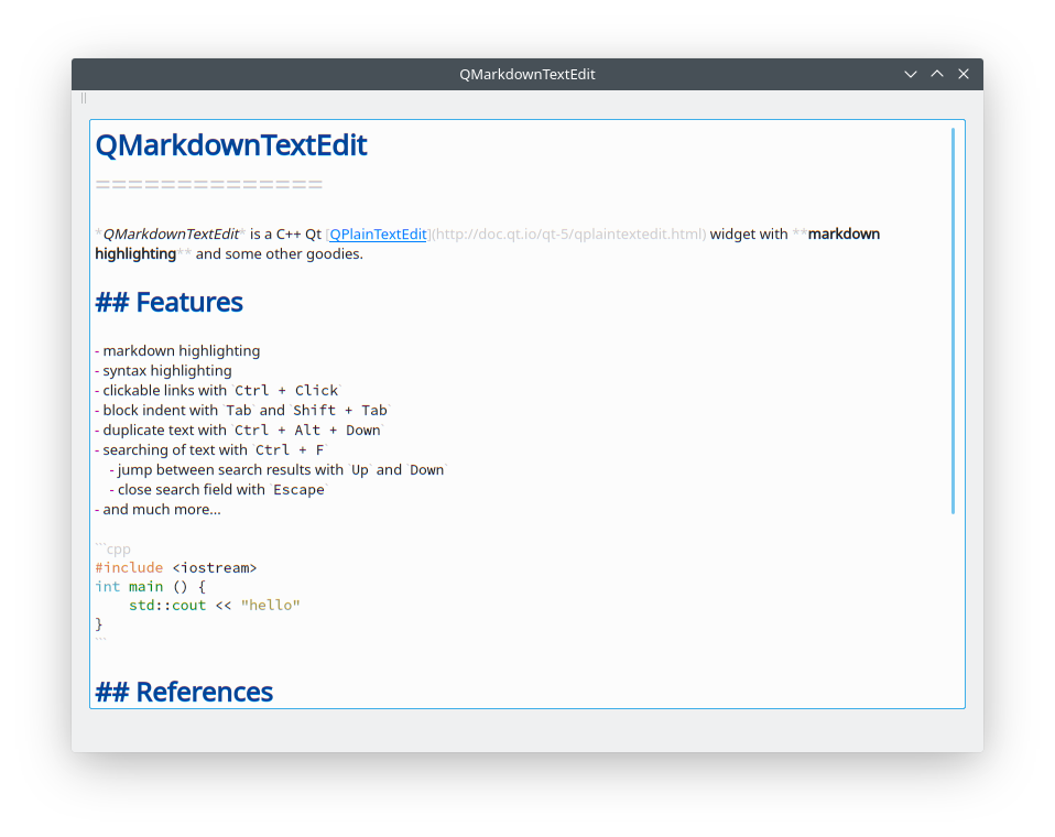 A C++ Qt QPlainTextEdit widget with markdown highlighting support and a lot of other extras /posts/qmarkdowntextedit/screenshot.webp