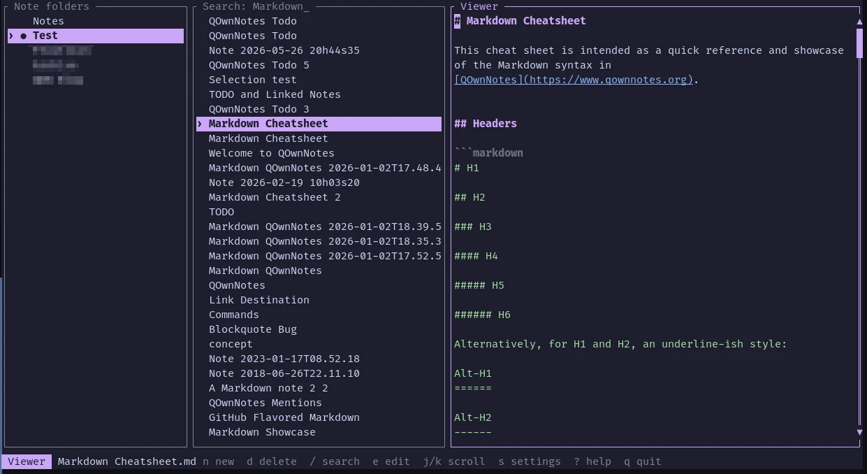 QOwnNotes TUI is a keyboard-first terminal browser and editor for local, QOwnNotes-compatible Markdown note folders. /posts/qownnotes-tui/screenshot.webp