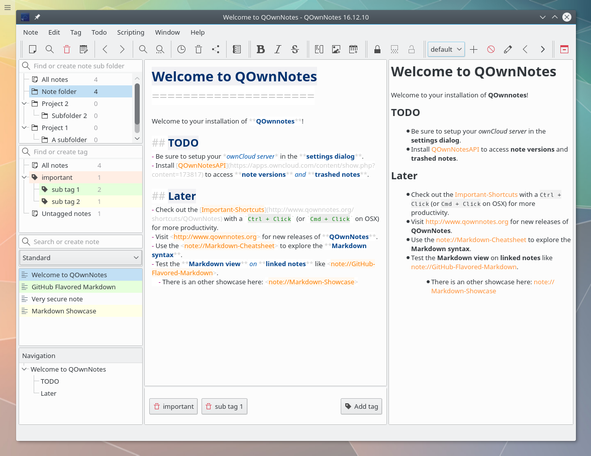 QOwnNotes is a plain-text file notepad and todo-list manager with markdown support and ownCloud / Nextcloud integration. /posts/qownnotes/screenshot.webp
