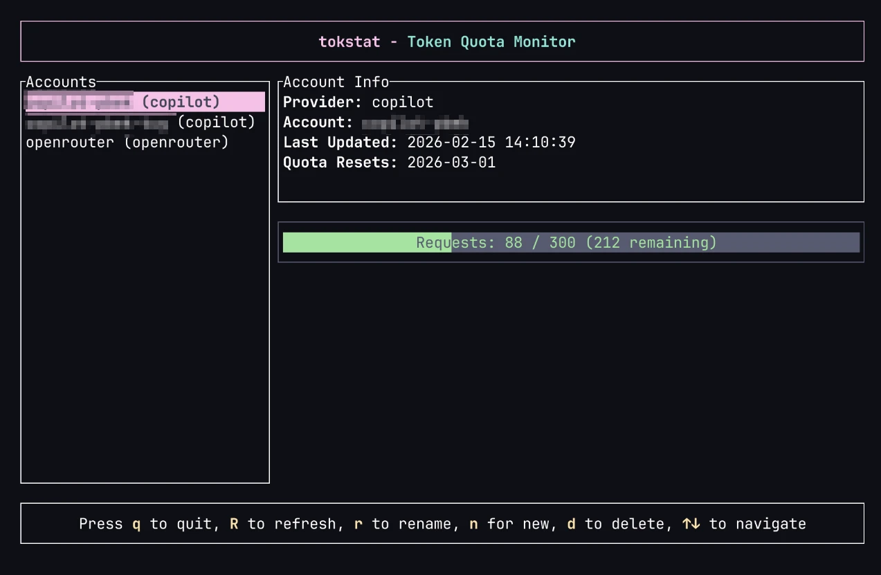 tokstat is a CLI application and TUI dashboard for monitoring token quotas across multiple AI providers. /posts/tokstat/screenshot.webp