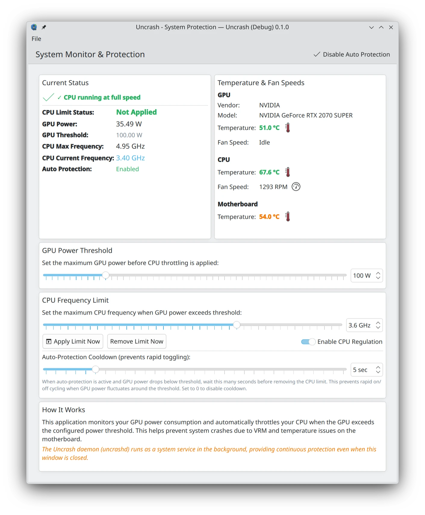 A system protection daemon that prevents desktop crashes caused by GPU power spikes, VRM overheating, and motherboard power delivery issues. /posts/uncrash/screenshot.webp