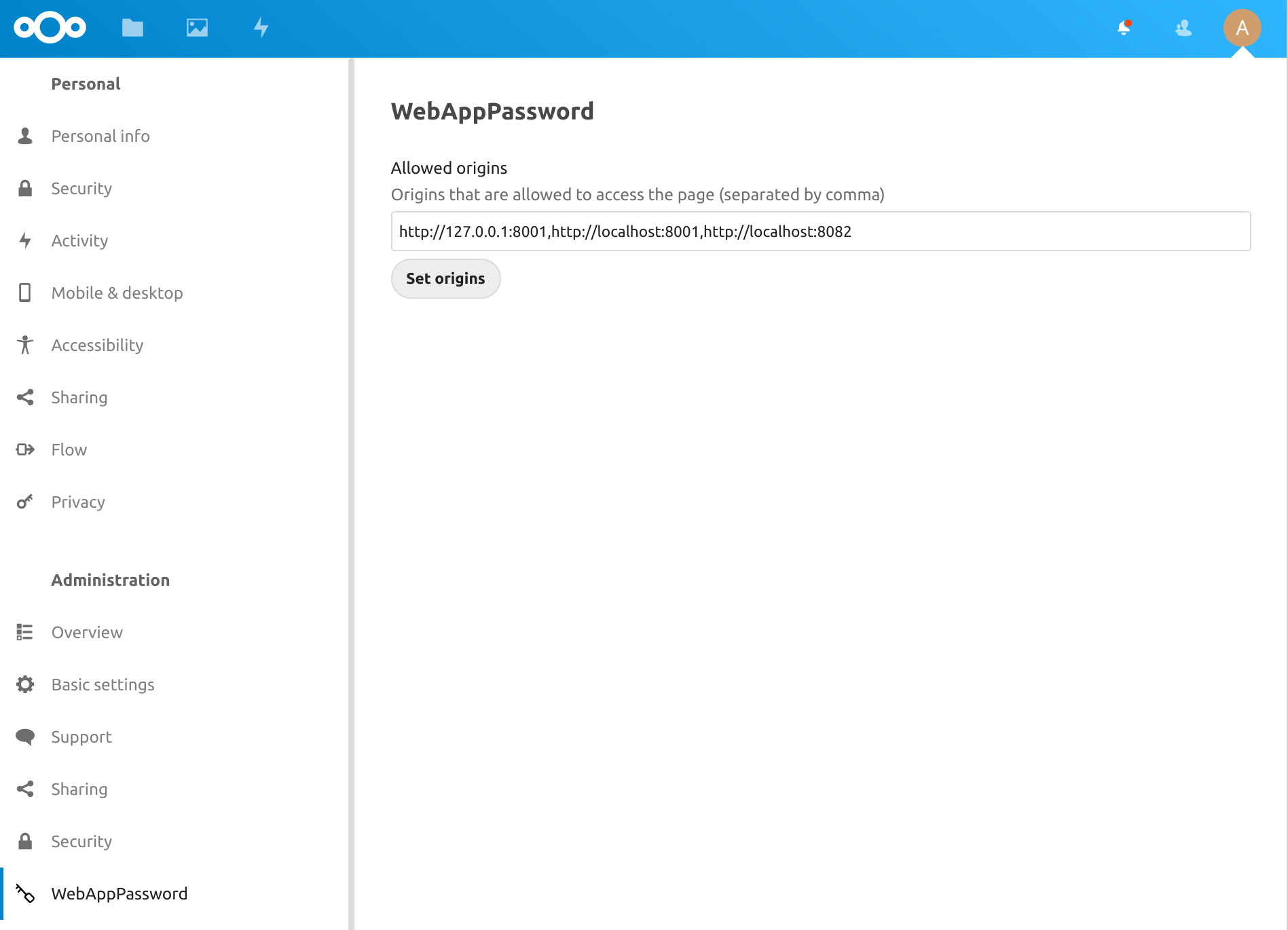 Nextcloud App to generate temporary app passwords and allow webdav access for SPAs. /posts/webapppassword/screenshot.webp
