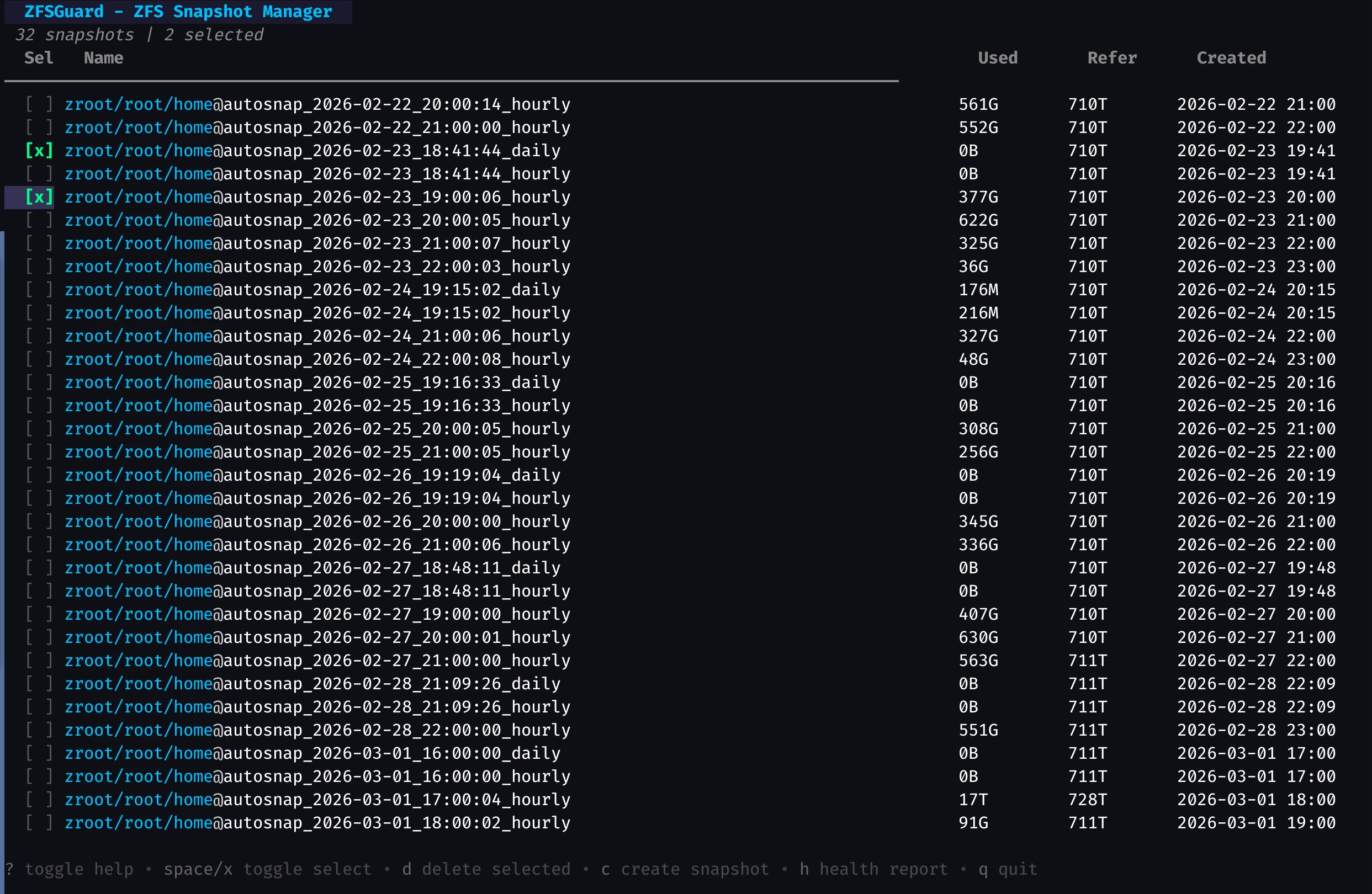 ZFSGuard is a terminal user interface for managing ZFS snapshots with a background health monitoring service for ZFS and SMART errors. /posts/zfsguard/screenshot.webp